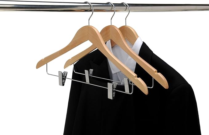 Quality Wooden Skirt Hangers with Clips 80-Pack Natural Pants Hangers with Adjustable Chrome Metal Clips, Swivel Hook, Coat, Jacket, Blouse Suit Hangers (Natural, 80)