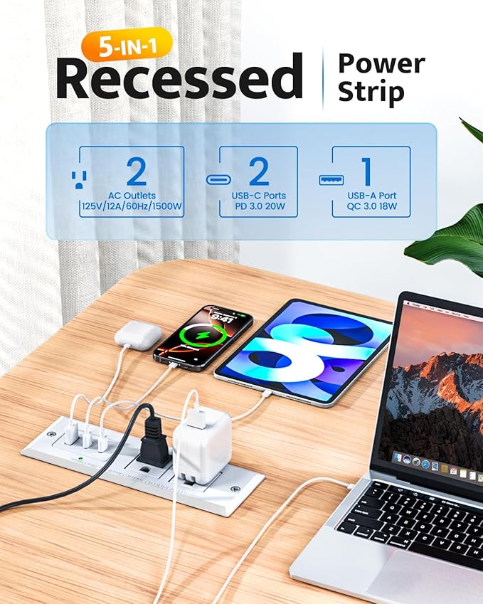 Recessed Power Strip with 20W USB C Port, Fast Charging USB A Port Conference Recessed Outlet, Space-Saver for Furniture Side Table, End Table, Desk Outlet with 6ft Cord, 45° Thin Flat Plug, White
