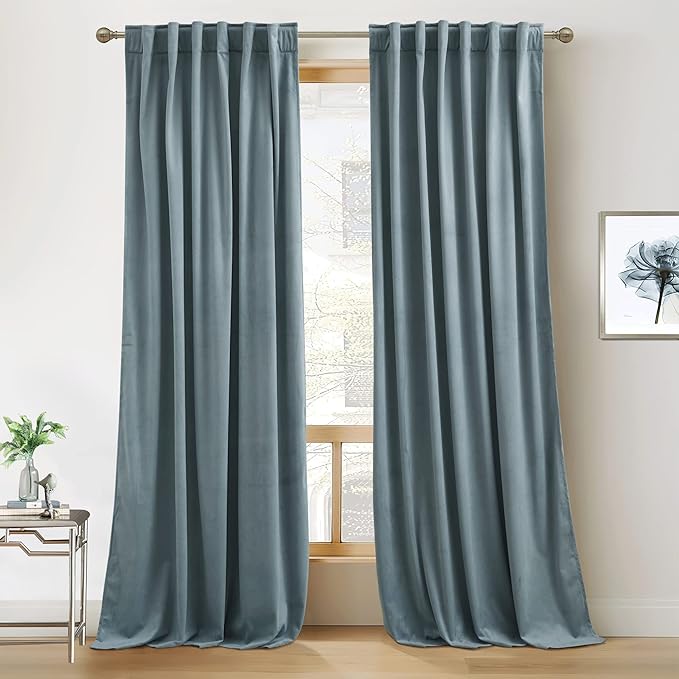 RYB HOME Blue Velvet Curtains 84 inches - Blackout Curtains for Living Room, Thermal Insulated Noise Reducing Panels Soft Luxury Window Decor for Bedroom, Stone Blue, W52 x L90 inches, 2 Panels