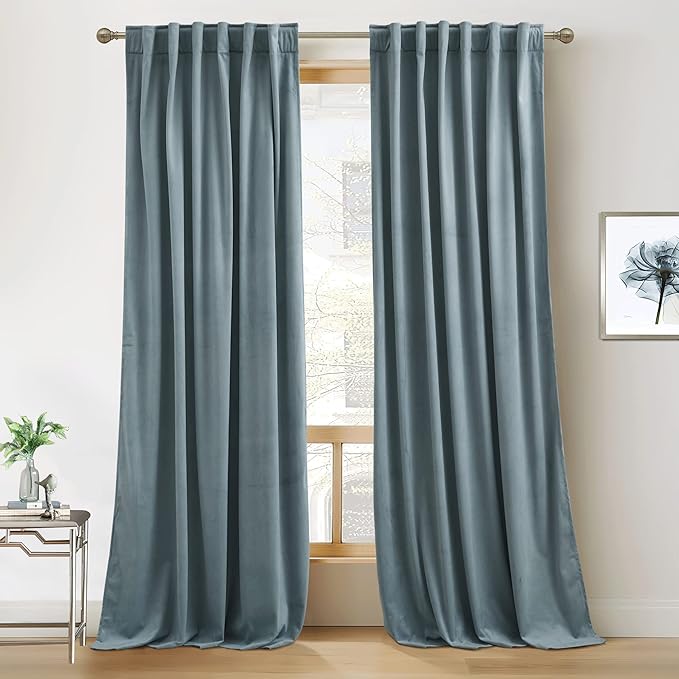 RYB HOME Stone Blue Velvet Curtains 94 inches, Back Tab Soft Fabric Room Darkening Thermal Insulated Luxurious Home Decor Curtains for Living Room Bedroom, W 52" x L 94", 2 Panels Set