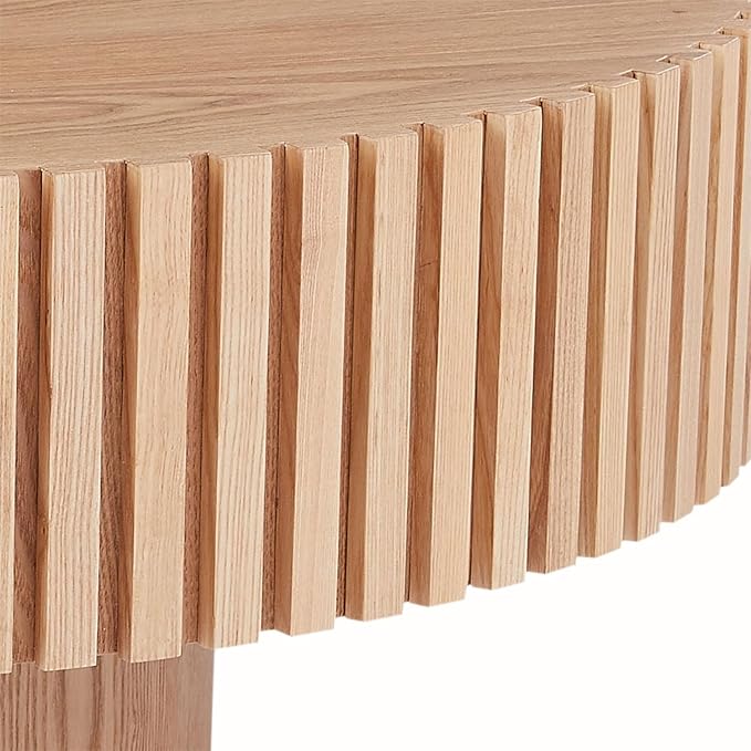 LKTART Round Coffee Table for Living Room, Accent Fluted Drum Coffee Table with Storage, Modern Solid Wood Circle Center Tea Table for Small Space Apartment (31.5''D×14''H-Natural)