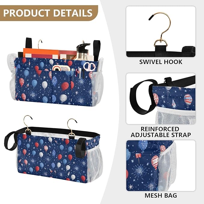 Bedside Caddy Hanging Bunk Bed Caddy Bed Organizer Hanging Pocket with 2 Hooks Bedside Storage Organizer Pocket Bag Holder Navy Blue Patriotic Balloons Fireworks