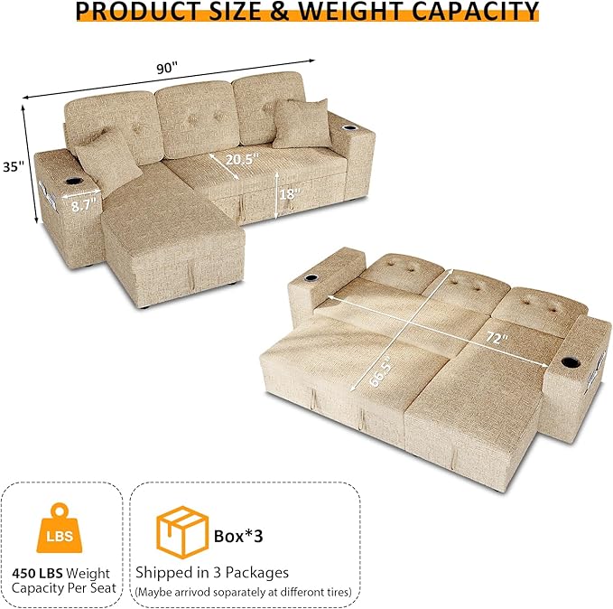 90 Inch Sleeper Sofa Bed, 4 in 1 Pull Out Couch Bed with Adjustable Backrest | Reversible Storage Chaise | Wide Armrest | Tool Free Assembly, Sectional Couches for Living Room, Khaki Chenille