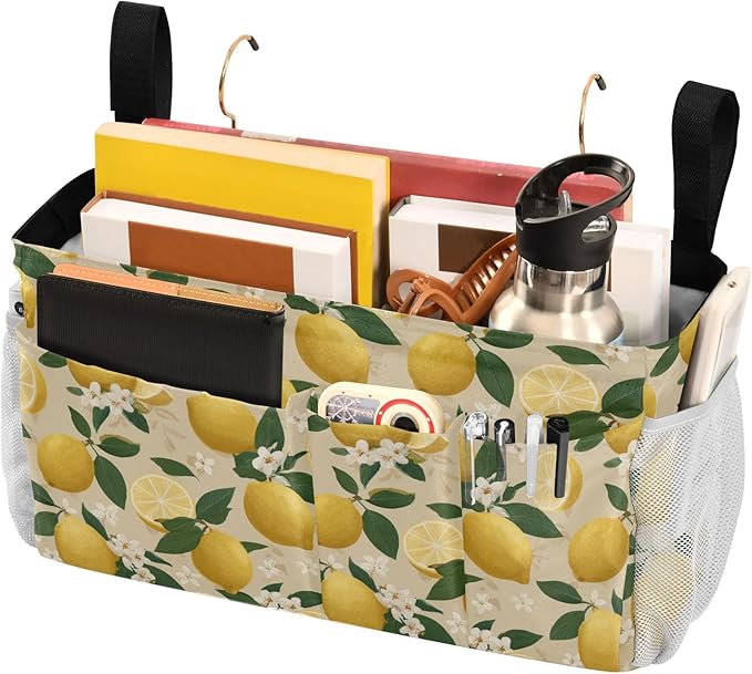 Bedside Caddy Hanging Bunk Bed Caddy Bed Organizer Hanging Pocket with 2 Hooks Bedside Storage Organizer Pocket Bag Holder Beige Lemons and Flowers