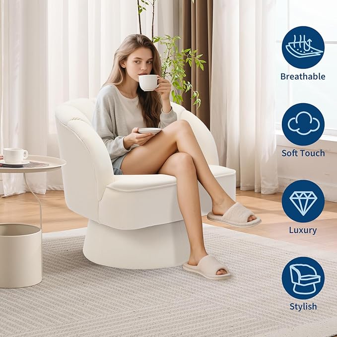 GarveeHome Modern Swivel Barrel Accent Chair, 360 Degree Velvet Upholstered Armchair with Striped Backrest & Plush Padding, Comfy Round Lounge Chair for Living Room, Bedroom, Reading Nook, Beige 2 PCS