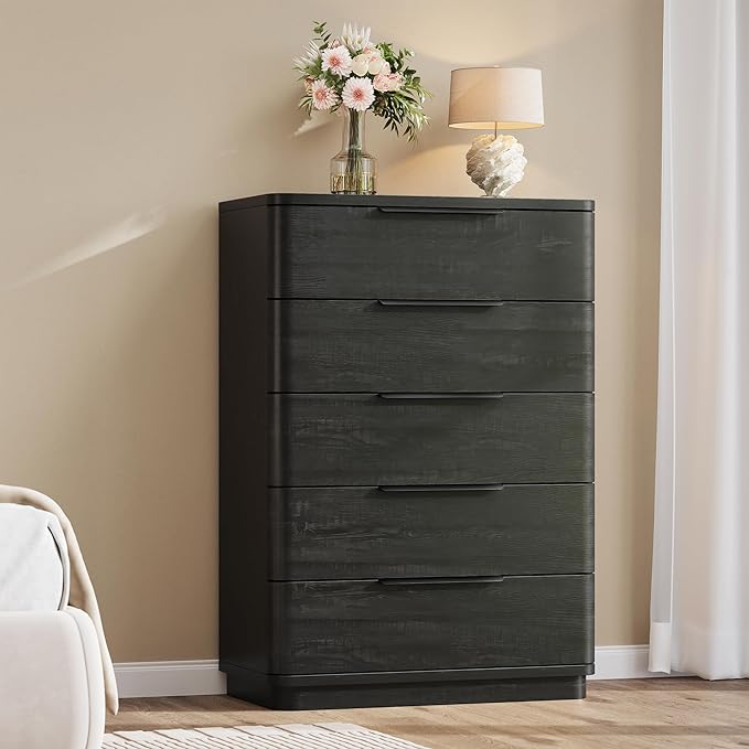 5 Drawer Dresser for Bedroom, 45" Tall Modern Chest of Drawers with Metal Handle, Curved Profile Design, Wooden Closet with Large Drawers Dressers Organizer for Entryway Hallway