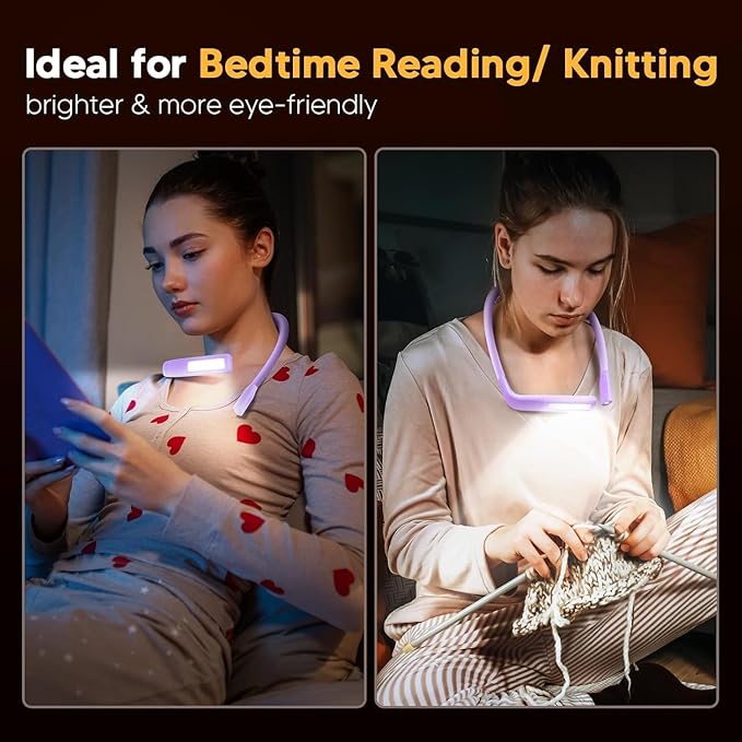 Purple Neck Light with Storage Case, 10-80Hrs Eye-friendly Book Reading Lamp, Knitting Crochet Sewing Craft Light Rechargeable Adjustable, Christmas Birthday Gifts for Book Lovers Knitters Crafters