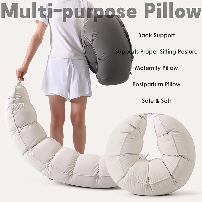 Peallow(Pat. Pend) – Long Round Body Pillow for Adults, Bolster Pillow for Sleeping, Soft and Supportive Pillow for Sleeping & Lumbar Support (Misty White,47")