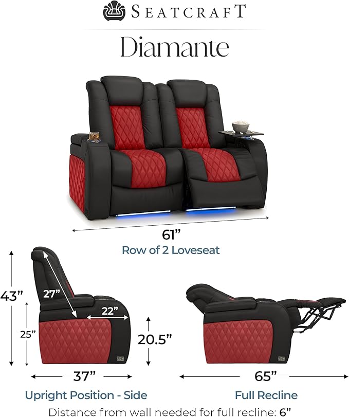 Seatcraft Diamante Zero-Gravity CoolZero Italian Leather Home Theater Seating, Power Headrest, Power Recline, Row of 2 Loveseat, Black/Red