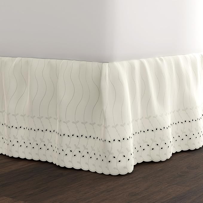 Fresh Ideas Eyelet Bed Skirt, Ruffled Design, 14 Inch Drop, Embroidered Scalloped Edge, Full, Ivory