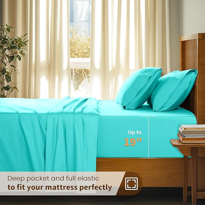 LBRO2M 100% Cotton Sheets Set Deep Pocket 19", 1000 Thread Count Full Size 4 Piece Bed Sheet Sets Soft Comfortable Bedding All Season (Full, Lake Green)