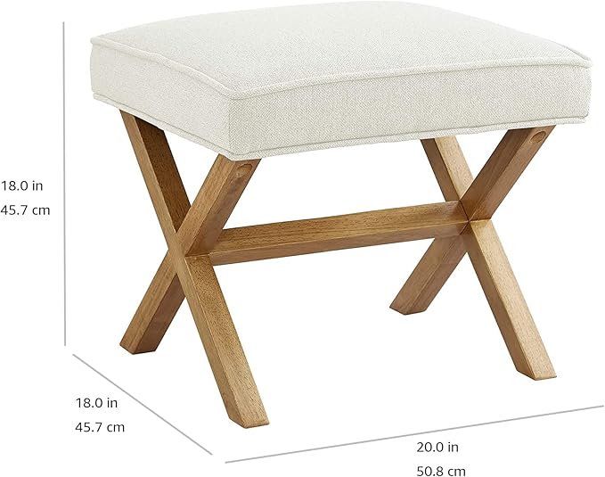 Amazon Basics Small Ottoman Foot Rest, Mid-Century Modern X Square Polyester Foot Stool, Linen, Ivory White, 18"D x 19.8"W x 18.3"H