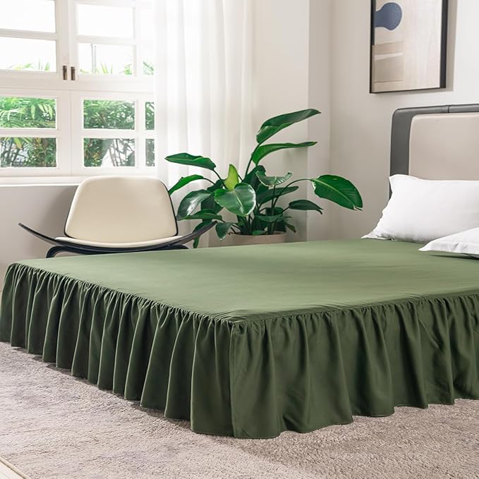 TSUTOMI Bed Skirt Full Size Ruffled Bed Skirt with Split Corners, 14 Inch Drop Dust Ruffle Bed Skirts with Platform, Gathered Style, 100% Microfiber, Green