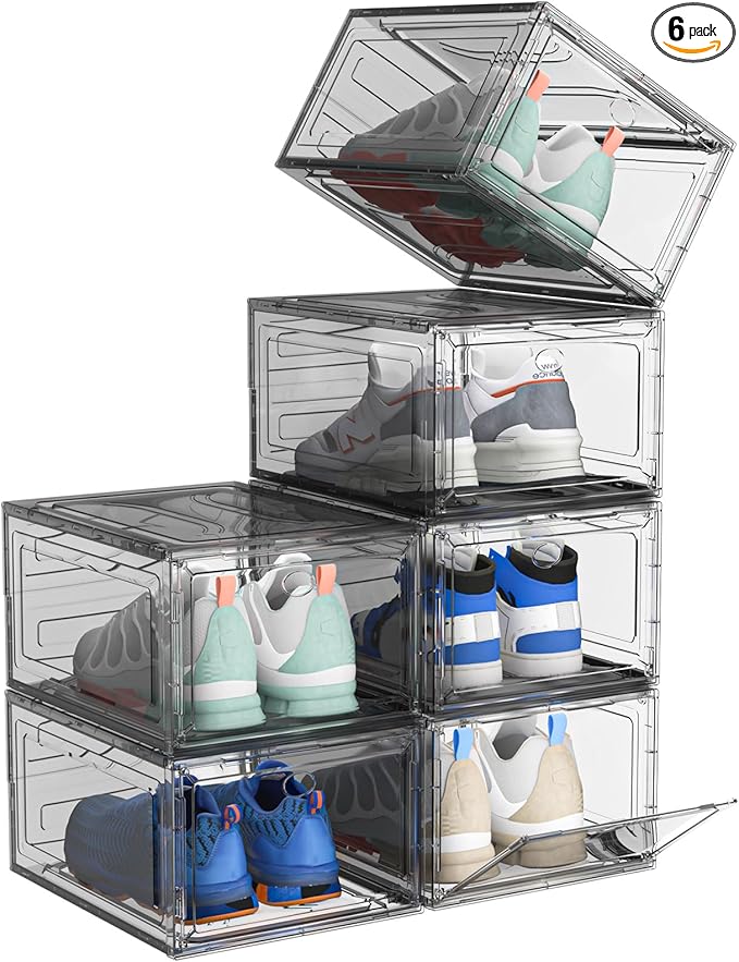 Upgrade Harder Solid Plastic Shoe Organizer, Shoe Storage with Magnetic Front Door, Shoe Rack 6 Pack Shoe Boxes Clear, Sneaker Storage, Shoe Organizer for Closet, Shoe Display Case, Black
