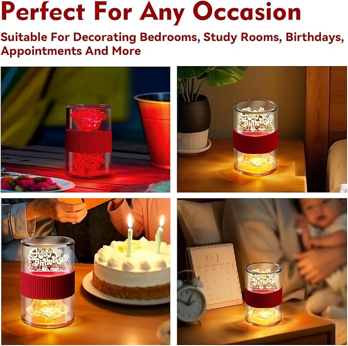 Happy Birthday Light for Table 3D Rose Flip LED Night Lights Color Changing Dimmable USB-C Input Rechargeable Touch Control Birthday Gift Lamps for Women Wife Mom Daughter