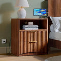 Evermagin Fluted Nightstand with Charging Station, Walnut Bedside Table with 2 Drawers, Wood End Table with Storage Mid Century Modern, Large Night Stand for Bedroom