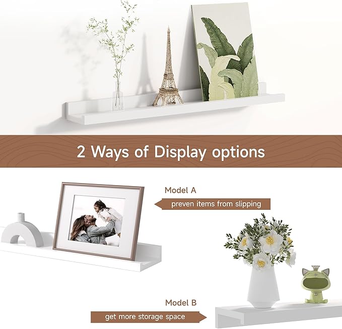 Fun Memories Picture Ledge Shelf for Wall, Floating Shelves Set of 4, 24 Inch Long Nursery Book Shelves for Toys Storage, Kids Bookshelf Wall Mounted for Books Photo Frames, White