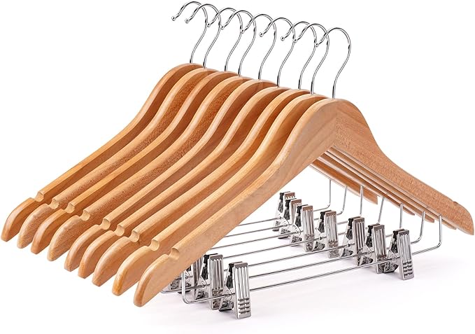 Wooden Hangers with Clips 24 PCS Pants Hangers with Clips,Smooth Solid Wooden Pants Hangers,360 Swivel Hooks & Adjustable Clips,for Jeans,Skirt,Suit,Shorts,Scarf.