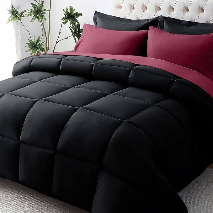 JOLLYVOGUE California King Comforter Set, Ultra-Soft Bed in a Bag Cal King Size 7 Pieces, Oeko-TEX Certified Bedding Set with Down Alternative Comforter, Sheets, Pillowcases & Shams, Burgundy & Black