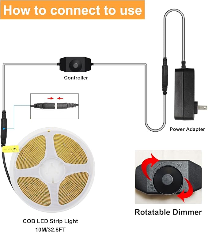 COB LED Strip, White LED Strip Lights 32.8ft, Daylight White 6000K LED Light Dimmable LED Strip, CRI92+, 8mm Width, 24V Flexible COB LED Tape Light for TV, Bedroom, Kitchen Cabinet, Closet.