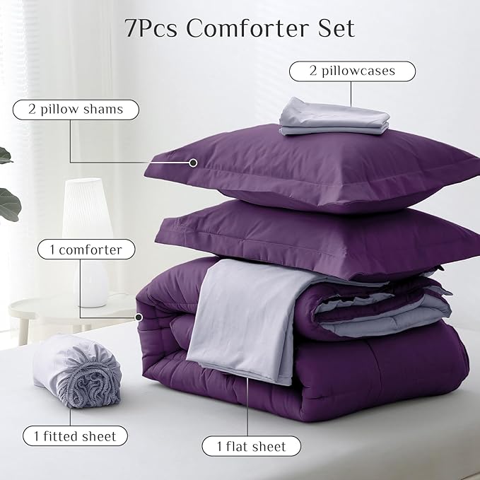 JOLLYVOGUE Full Comforter Set, Ultra-Soft Bed in a Bag Full Size 7 Pieces, Oeko-TEX Certified Bedding Set with Down Alternative Comforter, Sheets, Pillowcases & Shams, Purple & Lavender