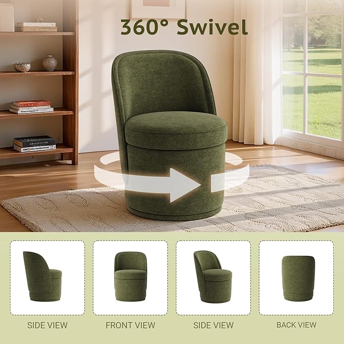 Swivel Accent Chair, 360° Swivel Chair with Hidden Storage, Vanity Chairs, Modern Small Barrel Swivel Armchair for Living Room/Bedroom, Green