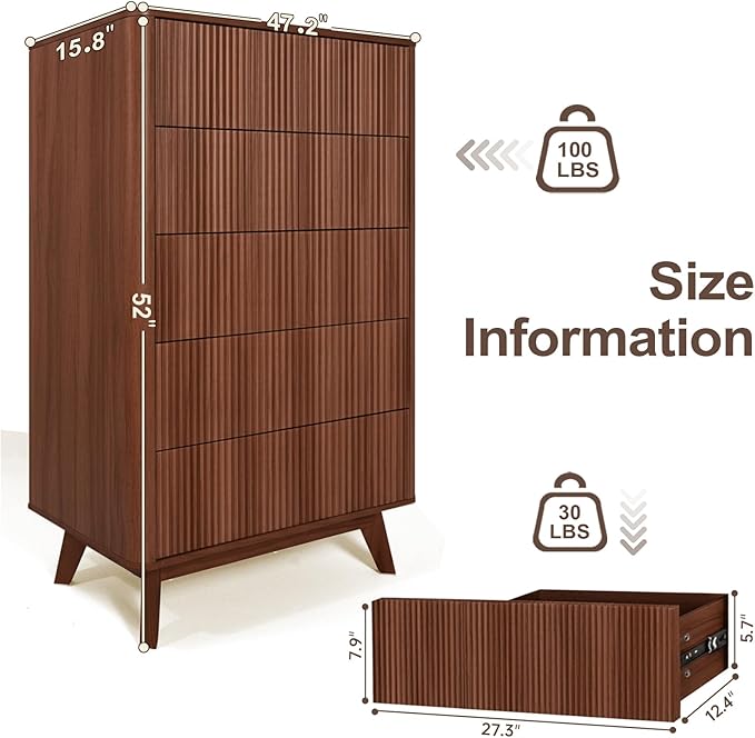 Fluted 5 Drawers Dresser for Bedroom, 47" Tall Handleless Chest of Drawers with Faux Marble Top, Curved Profile Design, Wood Drawer Organizerfor forLiving Room, Hallway, Entryway, Walnut