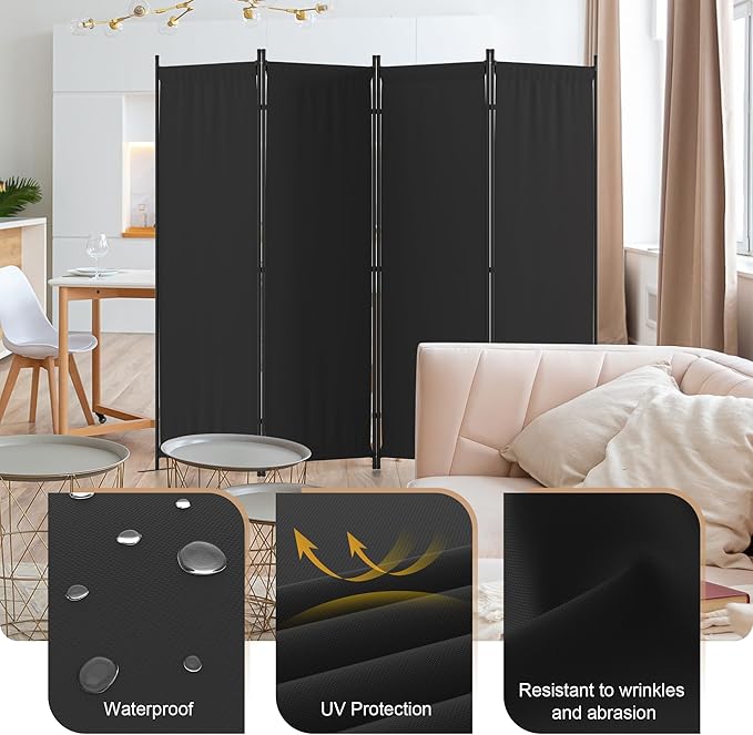 Room Divider, 4 Panel Folding Privacy Screen, 88” Portable Separating with 3 Metal Feet, Partition Room Dividers, Lightweight Freestanding Wall Divider Screen for Office Bedroom Hospital(Black)