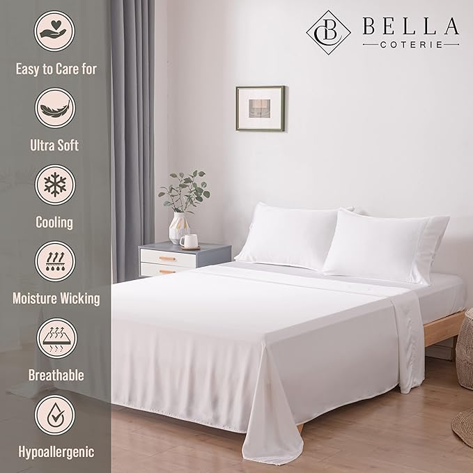 Bella Coterie Luxury Bamboo Viscose King Size Sheet Set | 100% Organically Grown | Ultra Soft | Cooling for Hot Sleepers | 18" Deep Pocket [White]