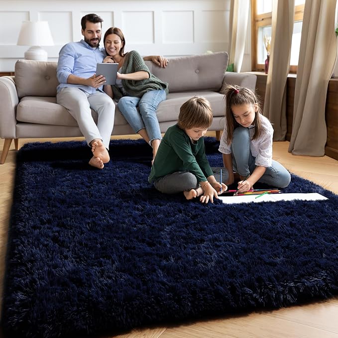PAGISOFE Navy Blue Rug 3x5, Fluffy Dark Blue Rugs for Bedroom Super Soft Bedside Rugs, Modern Indoor Carpets for Living Room Non-Slip Carpet for Kids Boys Girls Teen Dorm Nursery Room Decor Classroom