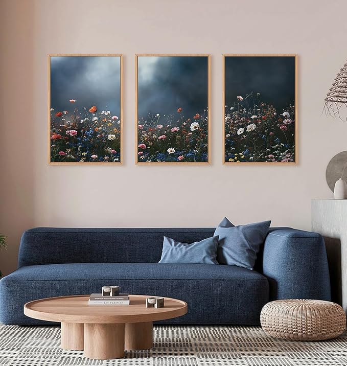 LHIUEM Large Nature Moody Floral Framed Canvas Wall Art,Abstract Dark Wall Decor,Wildflower Botanical Landscape Wall Painting,Picture Artwork for Living Room,Bedroom,Dining Room,Office -24"x36"x3