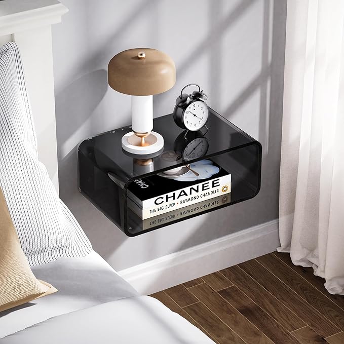 Acrylic Floating Nightstand, Bedside Table, Nightstand Shelf Wall Mounted Bedside Shelf (Black, Small)