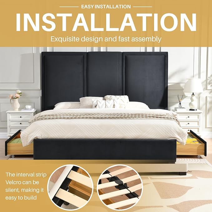 YUHUASHI King Size Bed Frame with 64-inch High Headboard, Simple and Airy Linen Upholstered Platform Bed with Storage Drawers, Wood Slat, No Noise (Ink Blue, King)