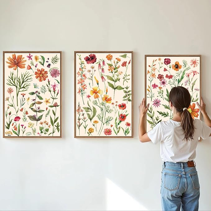 YeeHomedec Boho Wildflower Framed Canvas Wall Art, Colorful Vintage Floral Wall Decor, Watercolor Modern Flower Art Paintings, Neutral Botanical Picture Artwork for Girl Bedroom Living Room 16"x24"x3