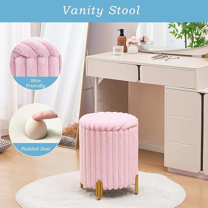 Mxfurhawa Round Ottoman Foot Stool with Storage and Metal Legs for Living Room Bedroom, Velvet Upholstered Footrest Stool Support 300lbs Modern Padded Seat Ottoman Coffee Table (Pink)