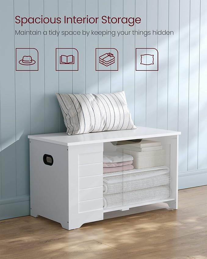 VASAGLE Storage Chest, Storage Bench with 2 Safety Hinges, Farmhouse Style, 15.7 x 31.5 x 18.1 Inches, for Entryway, Bedroom, Living Room, Cloud White ULSB063T14