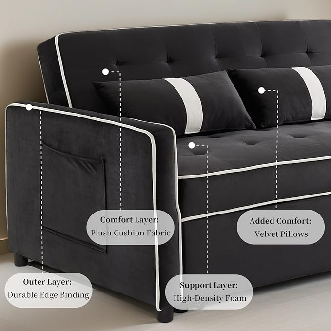 Convertible Sofa Bed, 3-in-1 Loveseat Futon Sofa Bed with 3-Position Adjustable Backrest & Side Pocket, Modern Velvet Fabric Pull Out Couch for Living Room, Small Spaces (Black)