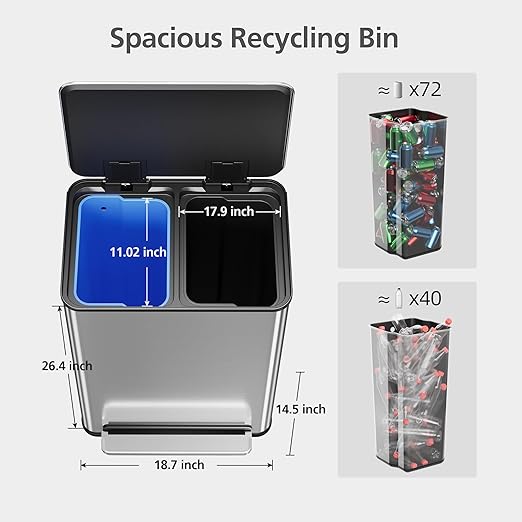 GarveeHome 60 L/16 gal Kitchen Trash Can,2×8 gal Pedal Trash Bin with Removable Baskets,Stainless Steel Garbage Can for Kitchen Office Restaurant School Hospital