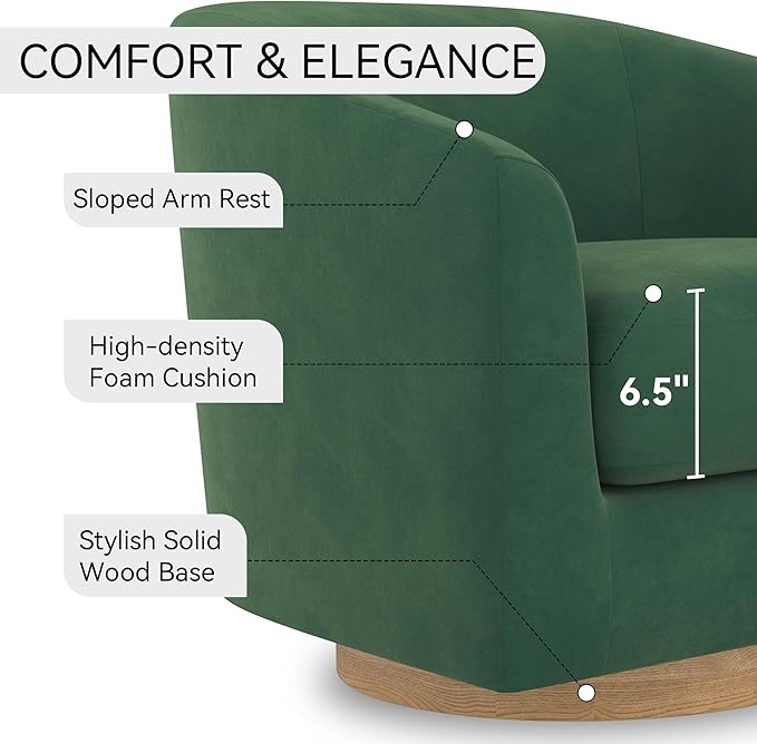 Swivel Barrel Accent Chair with Solid Wood Base, Round Velvet Living Room Arm Chairs, Modern Upholstered Comfty Reading Nook Chairs for Bedroom, Club Armchair, Single Sofa Side Chair, Green