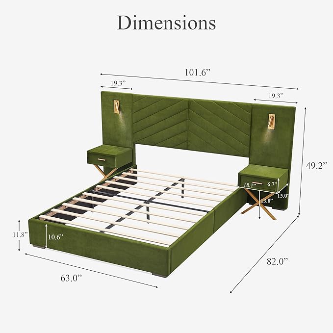 DEINPPA Luxury Queen Bed Frame with Built-in Gold LED Lights and Nightstands, Queen Size Platform Bed with Oversize Upholstered Headboard, No Box Spring Needed-Green