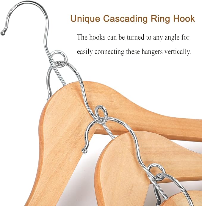 TOPIA HANGER Wooden Hangers 30 Pack, Space Saving Coat Hanger with 360° Swivel Cascading Ring Hook, Non Slip Pants Bar and Shoulder Notches for Camisole, Jacket, Suit, Clothes Hangers -CT62N30