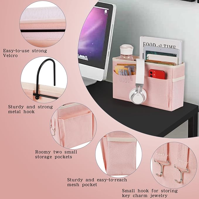 Retyion Bedside Caddy Bedside Storage Organizer Hanging Bunk Bed Dorm Room with Side Pockets for Water Bottles, Books, Cell Phones, Headphones (Pink)