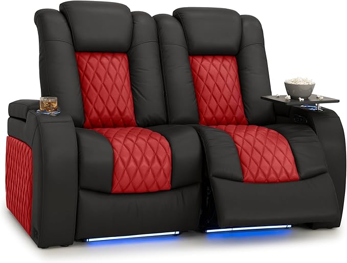 Seatcraft Diamante Zero-Gravity CoolZero Italian Leather Home Theater Seating, Power Headrest, Power Recline, Row of 2 Loveseat, Black/Red