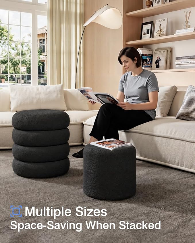 Round Set of 2 Sherpa Storage Ottoman Stool Boucle Vanity Stool Footstool with Removeable lid Load up to 440 lbs for Livingroom Bedroom Black UASND68B