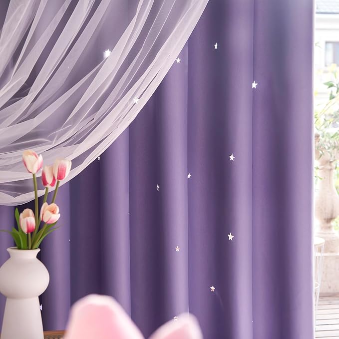 Star Double Layer Blackout Curtains for Bedroom, Kids - Cute, 72 Inch Long, 2 Panels Set, Purple, 42 x 72 Inches
