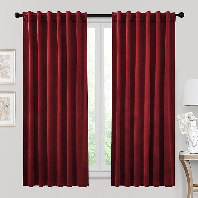 RYB HOME Red Velvet Curtains 72 inches - Room Darkening Curtains for Bedroom, Thermal Insulated Window Drapes, Width 52 x Length 72 inch, Ruby Red, 2 Panels