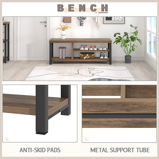 FOLUBAN Shoe Bench for Entryway, Wood and Metal Indoor Bench with Shoe Storage and Seating for Bedroom, Hallway, Living Room, Rustic Oak, 43.3 Inch