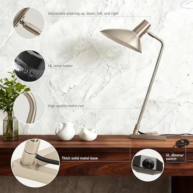 Industrial Desk Lamp Metal Modern Table Lamp 22", Adjustable Neck (4000K) with Adjustable Switch, Ideal for Office Desk Bedroom Bedside Lamps Study Room Living Room Side Table (Nickel)