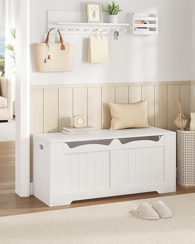 Hzuaneri 43.3" Storage Chest, Extra Large Storage Trunk with 2 Safety Hinges, Lift-Top Bench Box, Wooden Chest Organizer, Shoe Bench for Entryway, Bedroom, Living Room, White SB25503X