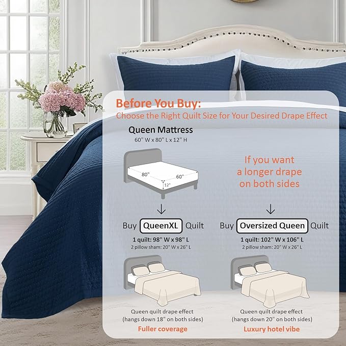 KASENTEX Queen XL Quilt Set 98"x98" – Soft Washed 3-Layer Lightweight Bedspread, Minimalist Nordic Design, All-Season Spring & Summer Quilt Set (1 Quilt + 2 Pillow Shams),Dress Dark Blue